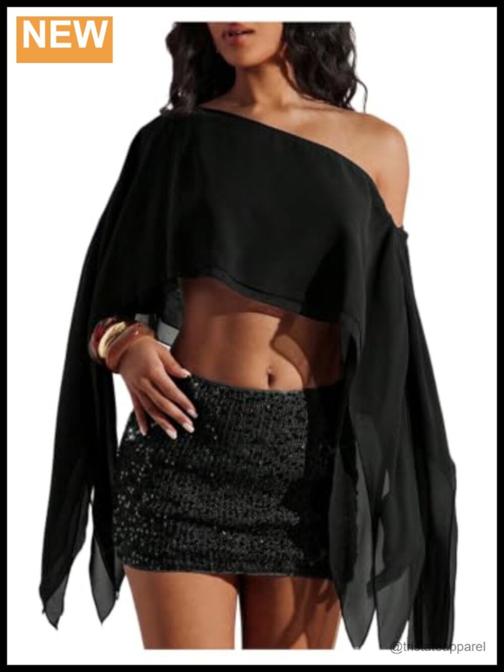 Sheer Mesh One Shoulder Blouse Flowy Poncho Shawl Women's